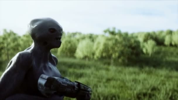 Vor dem Hintergrund der Stadt geht ein militärischer Außerirdischer mit einer Waffe durch die Wiese. Realistische 4k-Animation. — Stockvideo