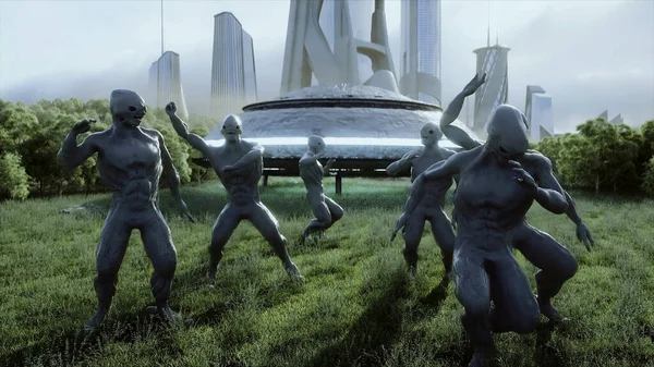 Drôles d'aliens dansant dans la prairie près du vaisseau ovni. Rendu 3d. — Photo
