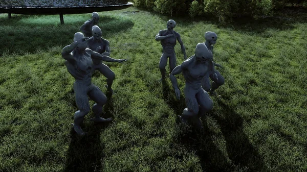 Alienígenas engraçados dançando no prado perto da nave espacial UFO. Renderização 3d. — Fotografia de Stock