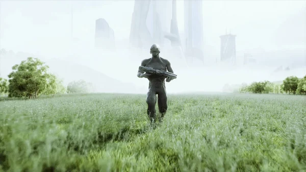 武器を持つ軍のエイリアンは、街の背景を背景に牧草地を歩く。3Dレンダリング — ストック写真