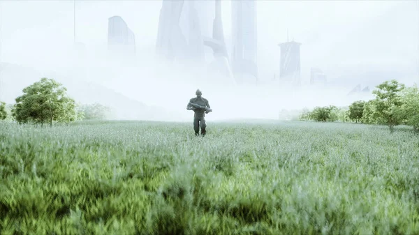 Extraterrestre militar con un arma camina a través de la pradera contra el fondo de la ciudad. renderizado 3d —  Fotos de Stock