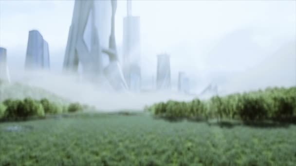 Военные космические солдаты будущего на зеленом лугу на фоне футуристического города. Реалистичная анимация 4k. — стоковое видео