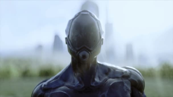 Framtidens militära rymdsoldater på en grön äng mot bakgrund av en futuristisk stad. Realistisk 4k-animation. — Stockvideo