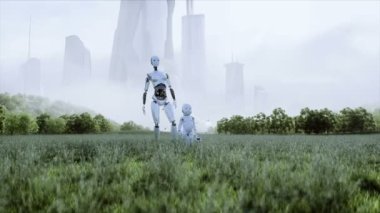 Anne robot ve bebek robotu fütürist bir şehrin arka planında çayırda. Geleceğin ailesi. Roboaile. Gelecek konsepti. gerçekçi 4k animasyonu.