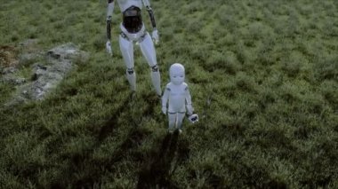 Anne robot ve bebek robotu fütürist bir şehrin arka planında çayırda. Geleceğin ailesi. Roboaile. Gelecek konsepti. gerçekçi 4k animasyonu.