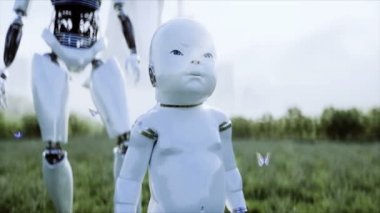 Anne robot ve bebek robotu fütürist bir şehrin arka planında çayırda. Geleceğin ailesi. Roboaile. Gelecek konsepti. gerçekçi 4k animasyonu.