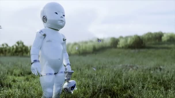 Anne robot ve bebek robotu fütürist bir şehrin arka planında çayırda. Geleceğin ailesi. Roboaile. Gelecek konsepti. gerçekçi 4k animasyonu. — Stok video