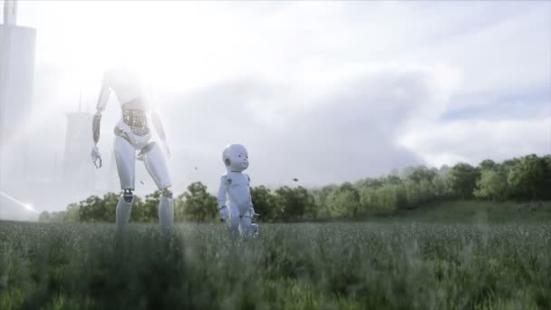 Robot matka ze swoim małym robotem na łące na tle futurystycznego miasta. Rodzinę przyszłości. Robot. Koncepcja przyszłości. realistyczna animacja 4k. — Wideo stockowe