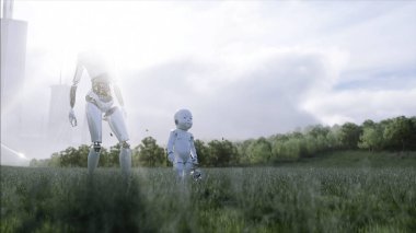 Anne robot ve bebek robotu fütürist bir şehrin arka planında çayırda. Geleceğin ailesi. Roboaile. 3d oluşturma.