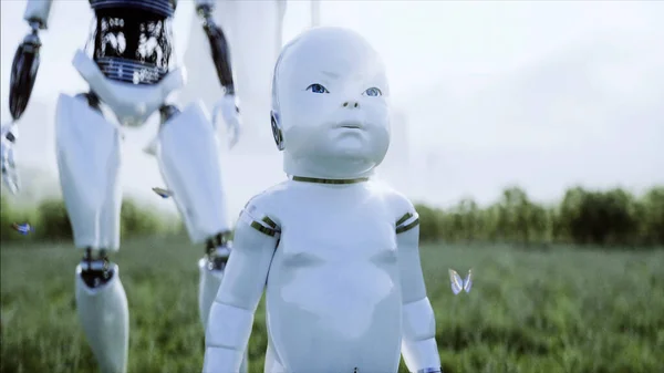 Matka robot se svým malým robotem na louce na pozadí futuristického města. Rodina budoucnosti. Robofamily. 3D vykreslování. — Stock fotografie