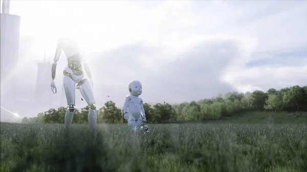 Robot madre con su robot bebé en el prado en el fondo de una ciudad futurista. Familia del futuro. Robofamiliar. renderizado 3d. — Foto de Stock