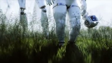 Anne robot ve bebek robotu fütürist bir şehrin arka planında çayırda. Geleceğin ailesi. Roboaile. Gelecek konsepti. gerçekçi 4k animasyonu.