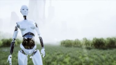 Anne robot ve bebek robotu fütürist bir şehrin arka planında çayırda. Geleceğin ailesi. Roboaile. Gelecek konsepti. gerçekçi 4k animasyonu.