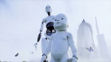 Anne robot ve bebek robotu fütürist bir şehrin arka planında çayırda. Geleceğin ailesi. Roboaile. 3d oluşturma.