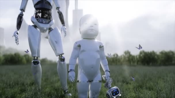 Anne robot ve bebek robotu fütürist bir şehrin arka planında çayırda. Geleceğin ailesi. Roboaile. Gelecek konsepti. gerçekçi 4k animasyonu. — Stok video