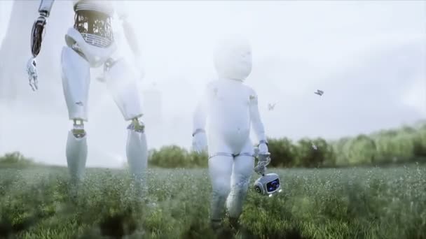 Mother robot with her baby robot in the meadow on the background of a futuristic city. Family of the future. Robofamily. Future concept. realistic 4k animation. — Stock Video