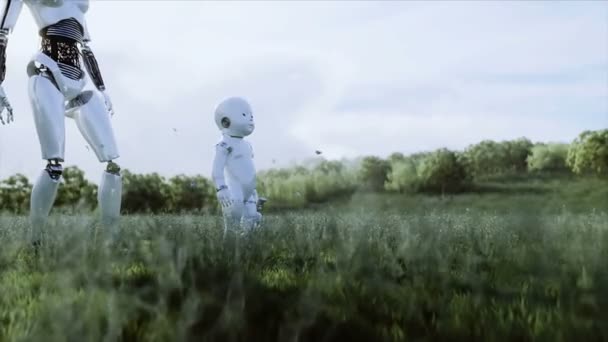 Anne robot ve bebek robotu fütürist bir şehrin arka planında çayırda. Geleceğin ailesi. Roboaile. Gelecek konsepti. gerçekçi 4k animasyonu. — Stok video