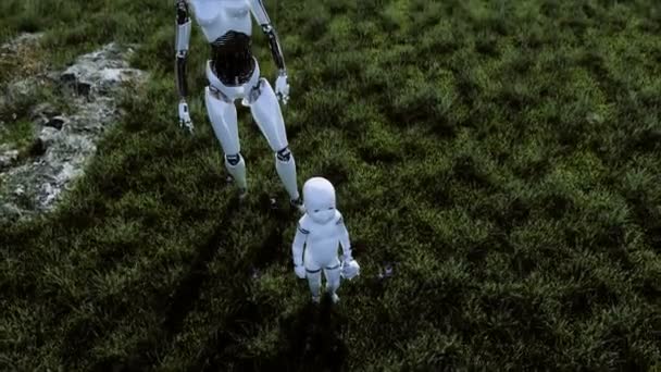 Anne robot ve bebek robotu fütürist bir şehrin arka planında çayırda. Geleceğin ailesi. Roboaile. Gelecek konsepti. gerçekçi 4k animasyonu. — Stok video