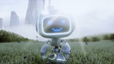 Fütürist bir şehrin arka planındaki çayırdaki komik oyuncak robot. Gelecek konsepti. gerçekçi 4k animasyonu.