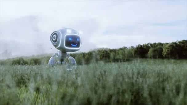 Robô de brinquedo engraçado no prado no fundo de uma cidade futurista. Conceito futuro. animação 4k realista. — Vídeo de Stock