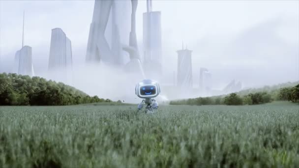 Funny toy robot in the meadow on the background of a futuristic city. Future concept. realistic 4k animation. — Stock Video