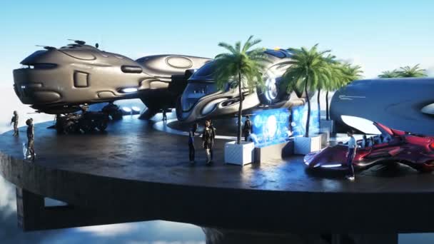 Människor och robotar. futuristisk stad station på molnen. Flygande futuristiska skepp. Realistisk 4k-animation. — Stockvideo