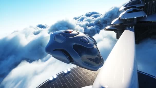 Futuristisches Schiff landet auf futuristischer Basis in den Wolken. Realistische 4k-Animation. — Stockvideo