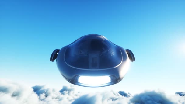 Nave futurista aterriza en base futurista en las nubes. Animación realista 4k. — Vídeo de stock