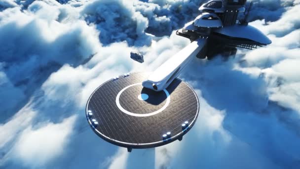 Nave futurista aterriza en base futurista en las nubes. Animación realista 4k. — Vídeos de Stock