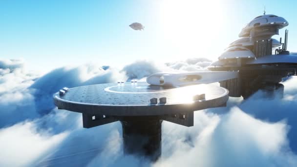 Futuristisch schip landt op futuristische basis in de wolken. Realistische 4k animatie. — Stockvideo