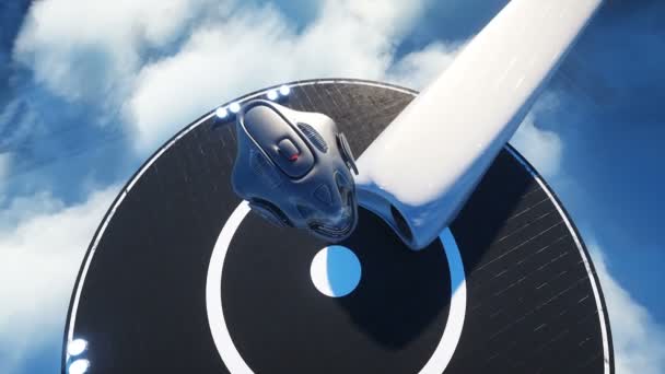 Navio futurista pousa em base futurista nas nuvens. Animação 4k realista. — Vídeo de Stock