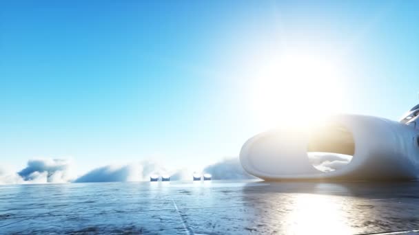 Fütürist gemi bulutlardaki fütürist üsse iniyor. Gerçekçi 4k animasyonu. — Stok video