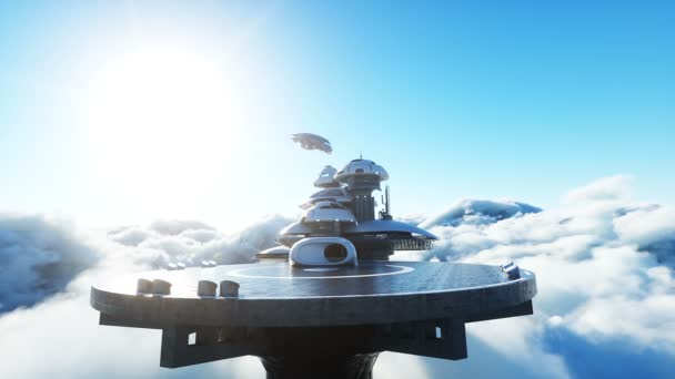 Futuristic ship lands on futuristic base in the clouds. Realistic 4k animation. — Stock Video