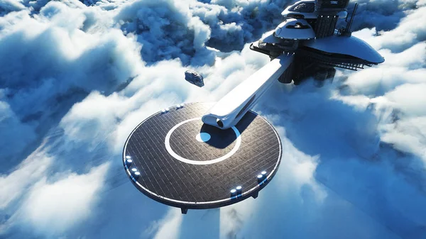 Futurisztikus hajó landol a futurisztikus bázis a felhők. 3D-s renderelés. — Stock Fotó