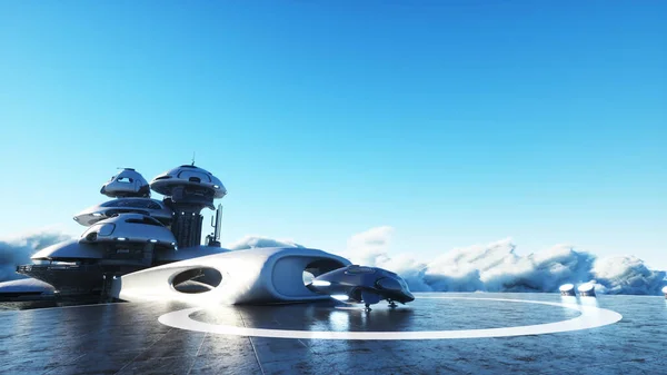 Futuristisch schip landt op futuristische basis in de wolken. 3d destructie. — Stockfoto
