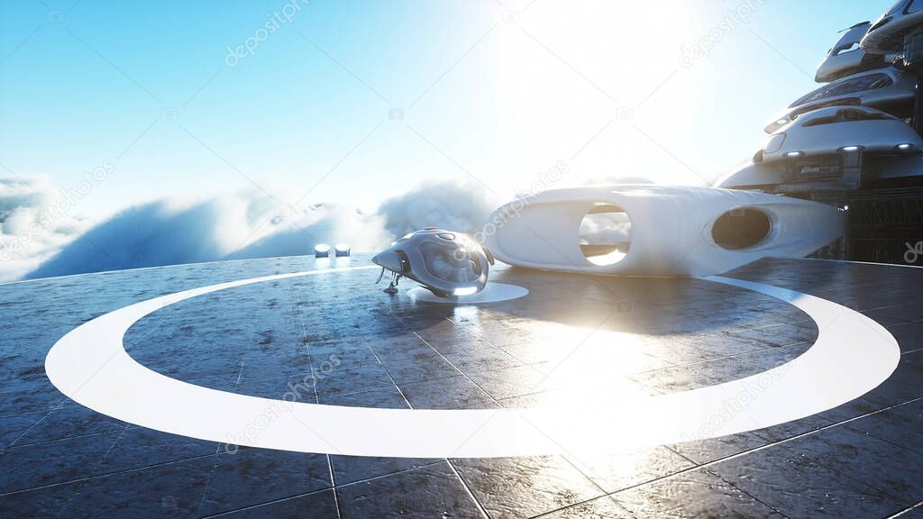 futuristic ship lands on futuristic base in the clouds. 3d rendering.