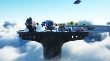 Bulutlardaki fütürist bir istasyonda uçan bir şehrin arka planına karşı robot aile. Gelecekteki aile kavramı. Gerçekçi 4k animasyonu.