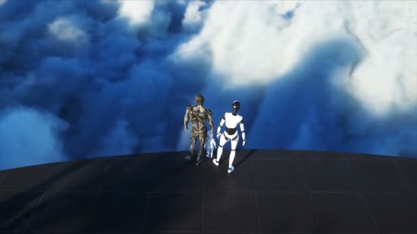 Rodzina robotów na futurystycznej stacji w chmurach, na tle latającego miasta. Koncepcja rodziny przyszłości. Realistyczna animacja 4k. — Wideo stockowe