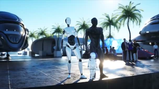Famiglia robotica in una stazione futuristica tra le nuvole, sullo sfondo di una città volante. Futuro concetto di famiglia. Animazione realistica 4k. — Video Stock