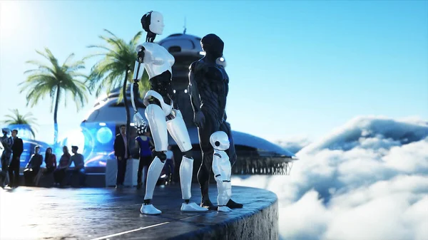 Robotická rodina na futuristické stanici v oblacích, na pozadí letícího města. Budoucí rodinný koncept. 3D vykreslování. — Stock fotografie