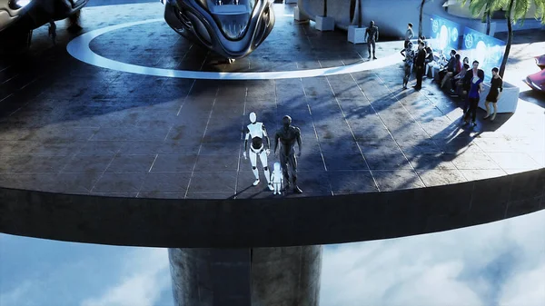 Familia robótica en una estación futurista en las nubes, en el contexto de una ciudad voladora. Concepto familiar futuro. renderizado 3d. — Foto de Stock