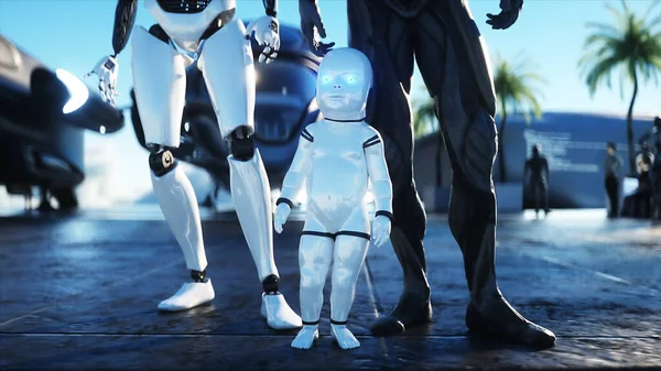 Bulutlardaki fütürist bir istasyonda uçan bir şehrin arka planına karşı robot aile. Gelecekteki aile kavramı. 3d oluşturma. — Stok fotoğraf