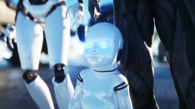 Bulutlardaki fütürist bir istasyonda uçan bir şehrin arka planına karşı robot aile. Gelecekteki aile kavramı. Gerçekçi 4k animasyonu.