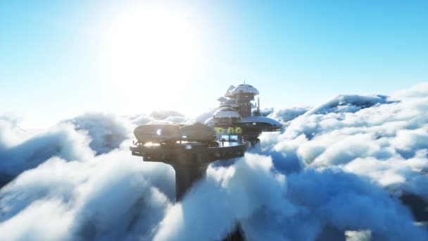 Футуристическая городская станция на облаках. Летающие футуристические корабли. Концепция будущего. Реалистичная анимация 4k. — стоковое видео