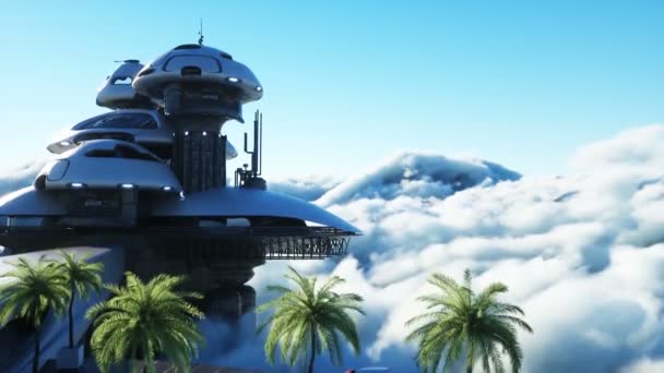 Люди и роботы. футуристическая городская станция на облаках. Летающие футуристические корабли. Реалистичная анимация 4k. — стоковое видео