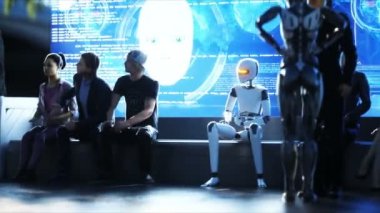İnsanlı gelecekçi robot. Bulutların üzerindeki fütürist şehir istasyonu. Uçan fütürist gemiler. Gerçekçi 4k animasyonu.