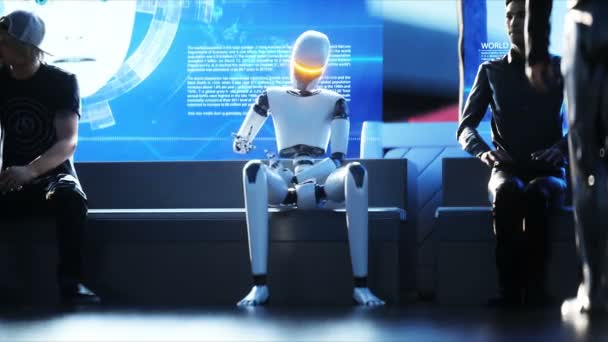 人間と未来型ロボット。雲の上の未来都市の駅。未来の船を飛ばして。現実的な4kアニメーション. — ストック動画