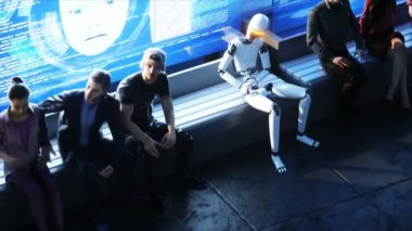 İnsanlı gelecekçi robot. Bulutların üzerindeki fütürist şehir istasyonu. Uçan fütürist gemiler. Gerçekçi 4k animasyonu.