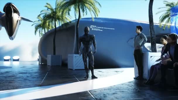 Futuristisk robot med folk. futuristisk stad station på molnen. Flygande futuristiska skepp. Realistisk 4k-animation. — Stockvideo