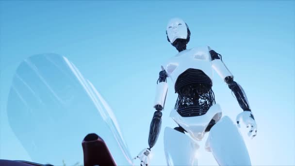 Γυναικείο ρομπότ και φουτουριστικό ιπτάμενο αυτοκίνητο. φουτουριστικός σταθμός της πόλης στα σύννεφα. Ρεαλιστικό animation 4k. — Αρχείο Βίντεο